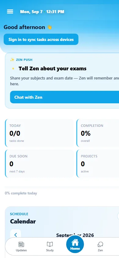 Studily home on mobile — dashboard with Zen card and stats